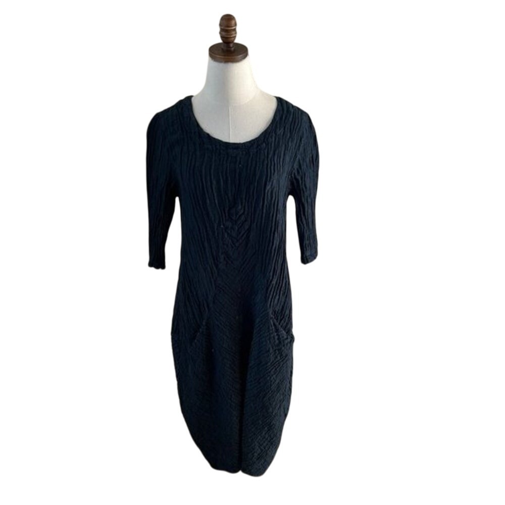 Grizas Dress Women SZ S Blue Asymmetric Crinkled Denim Silk Linen Scoop Neck EUC